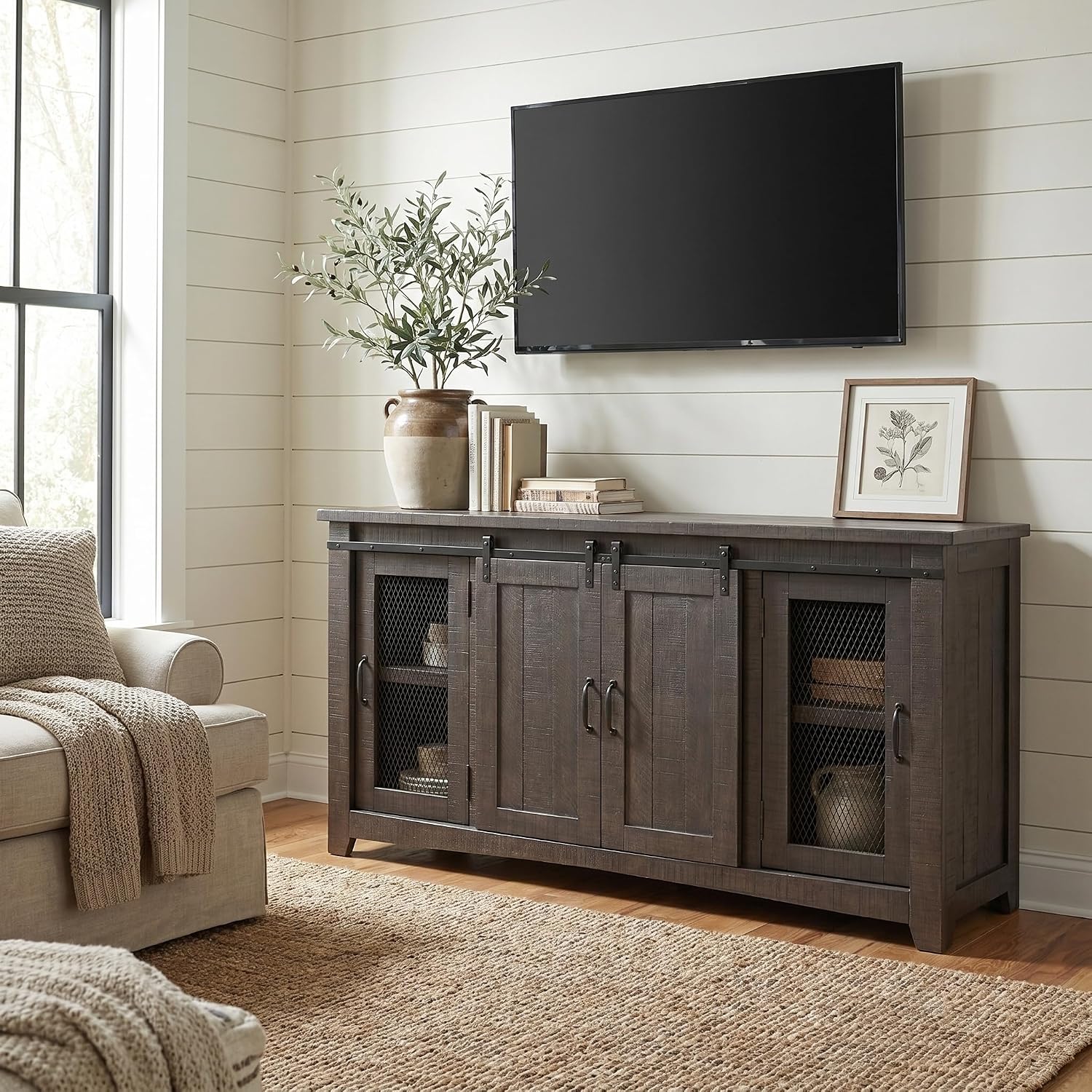 Martin Svensson Home 65' Solid Pine Wood Entertainment Center with Storage. Rustic TV Stand for TVs up to 70.' Sliding Doors, Adjustable Shelves & Cable Management – Gray Finish