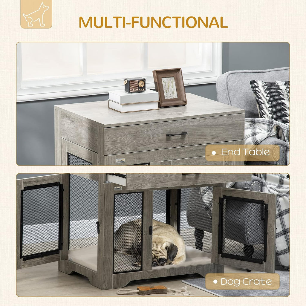 PawHut Dog Crate Furniture with Soft Water-Resistant Cushion, Dog Kennel End Table with Drawer, Puppy Crate for Small Dogs Indoor with 2 Doors, Gray
