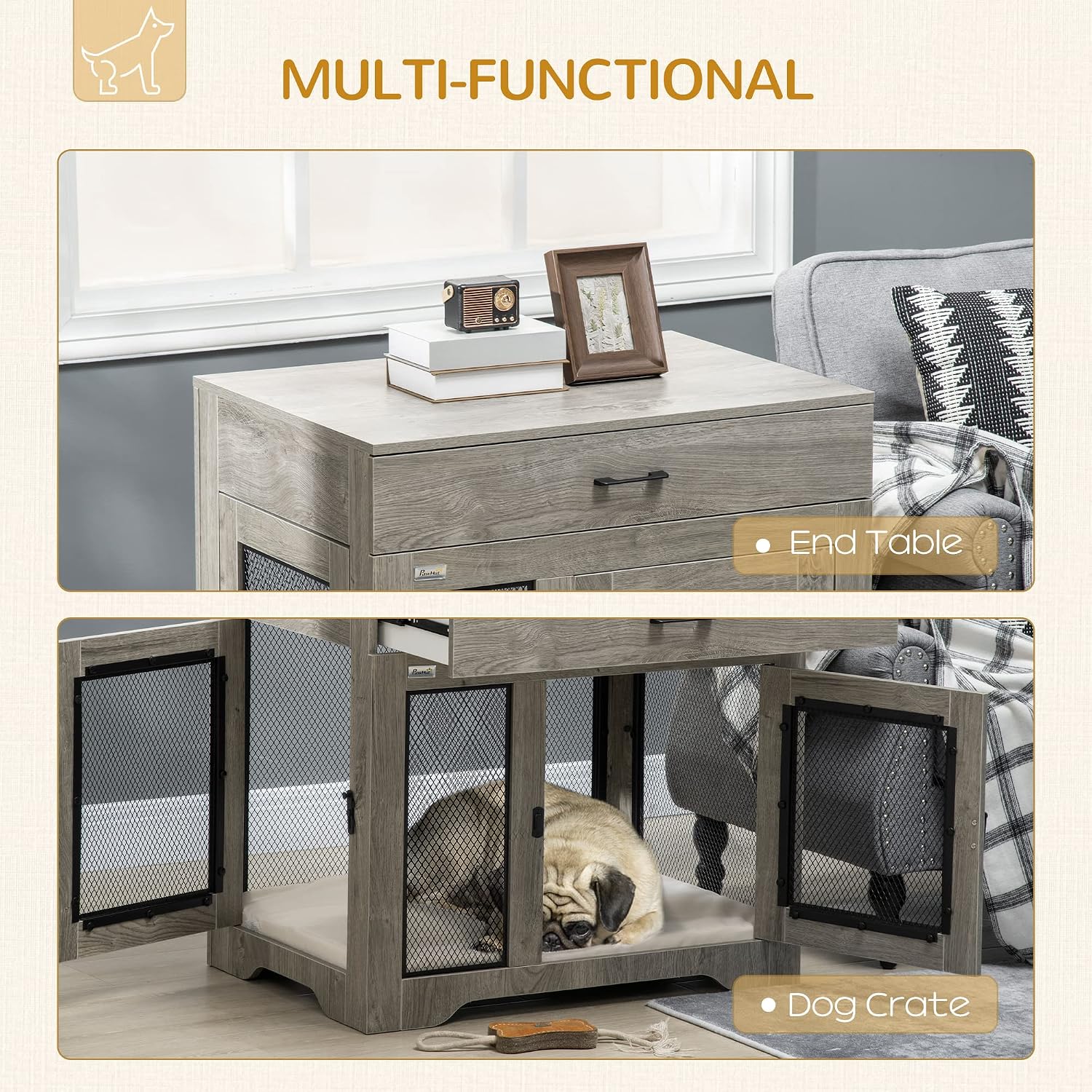 PawHut Dog Crate Furniture with Soft Water-Resistant Cushion, Dog Kennel End Table with Drawer, Puppy Crate for Small Dogs Indoor with 2 Doors, Gray