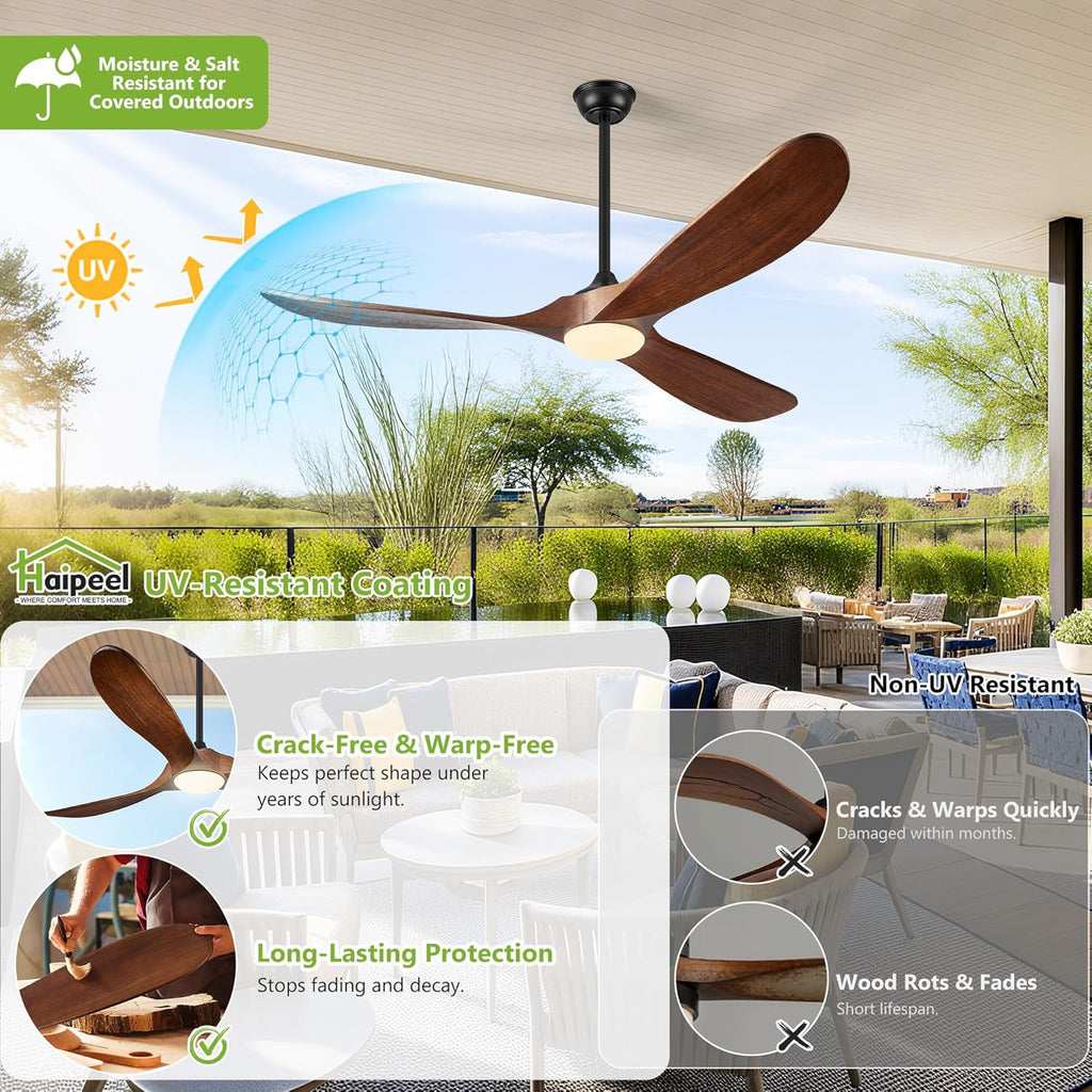 Haipeel 60 Inch Outdoor Ceiling Fans with Lights, Solid Wood Propeller 3 Blades Ceiling Fans with Lights and Remote Control Outdoor Fan for Patios Indoor, High CFM ETL Listed, Dark Walnut