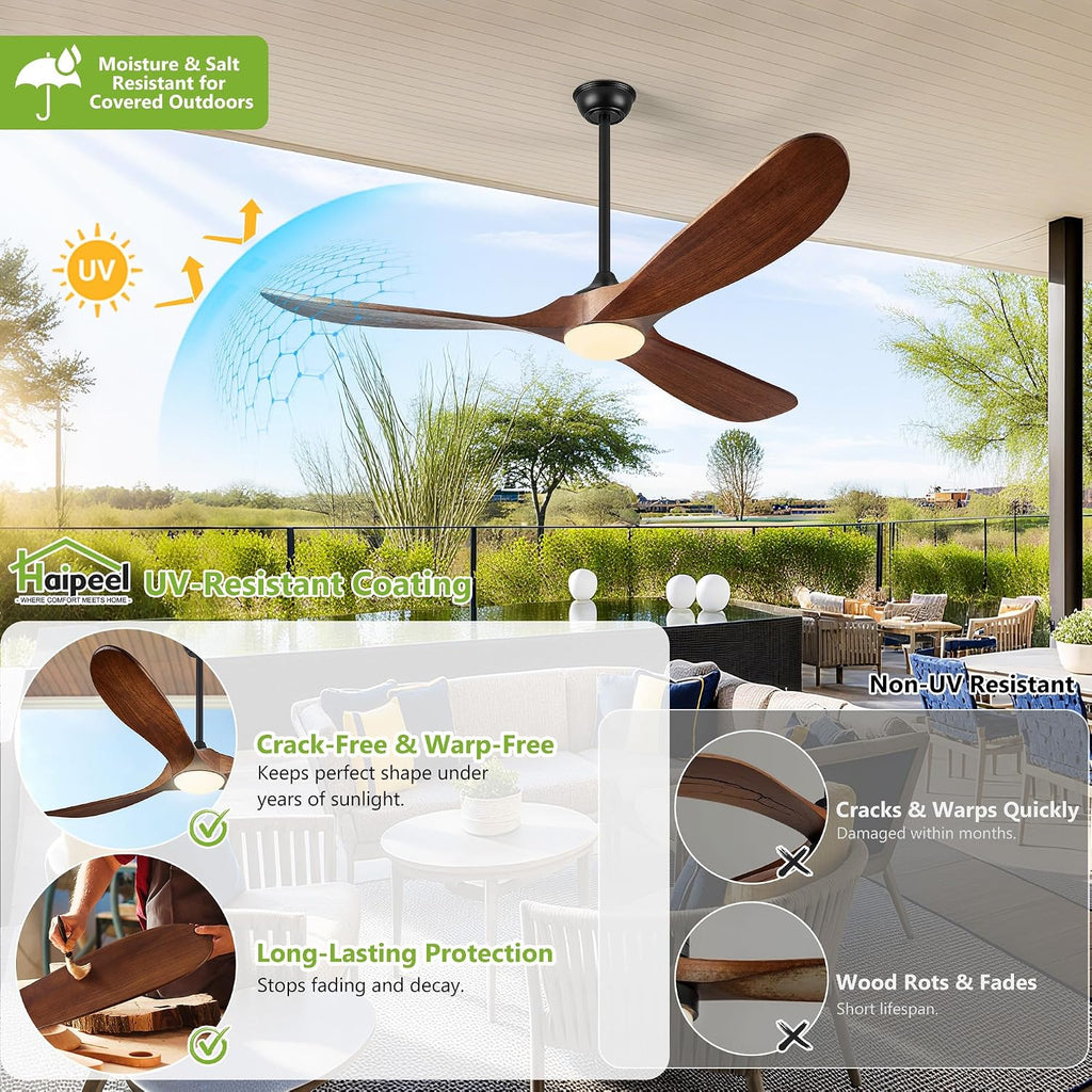 52 Inch Ceiling Fans with Lights and Remote Control, Outdoor Ceiling Fan with Light Solid Wood 3 Blade Propeller Ceiling Fan, Quiet High CFM Damp Rated Outdoor Fan for Patios Farmhouse, Dark Walnut