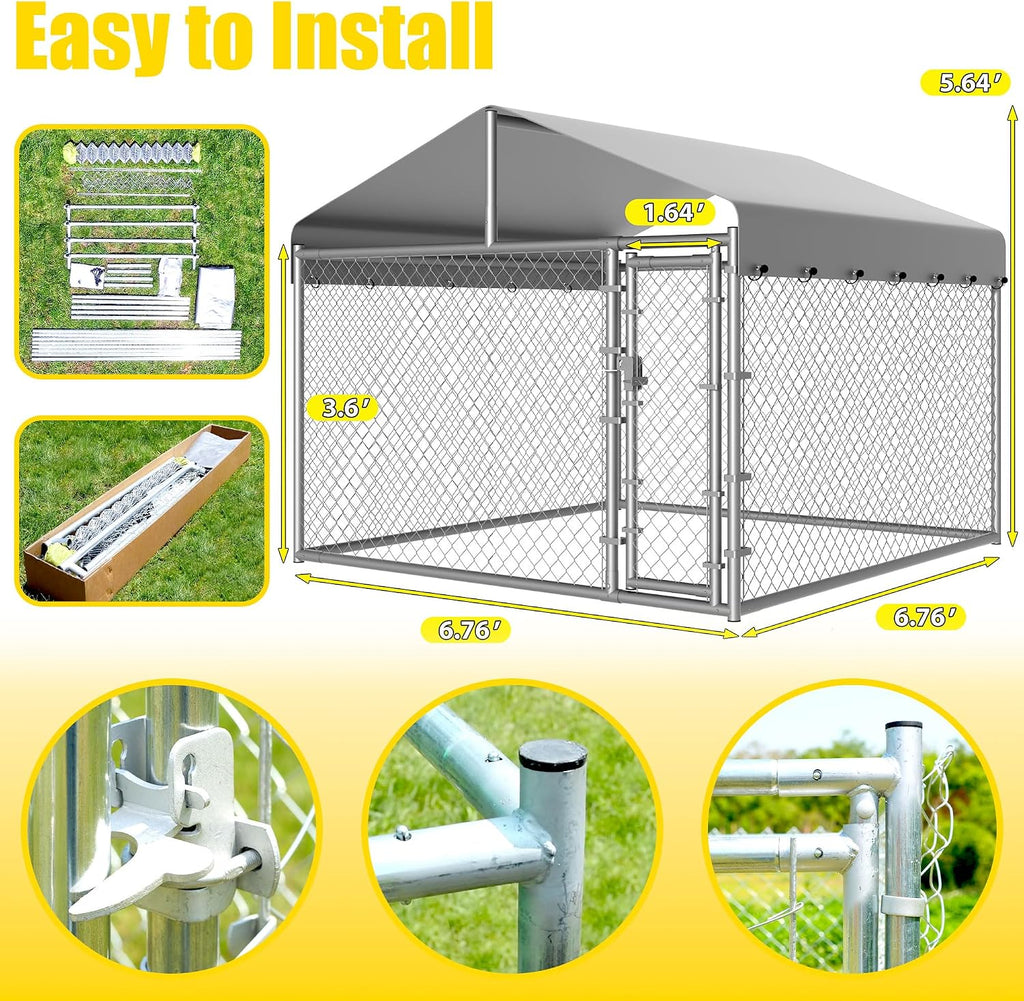 Dog Kennel Outside with Roof, Large Dog Run Enclosure, Outdoor Heavy Duty Pens House Pet Playpen with Galvanized Chain Link Waterproof Cover and Secure Lock(6.76'Lx6.76'Wx5.64'H)