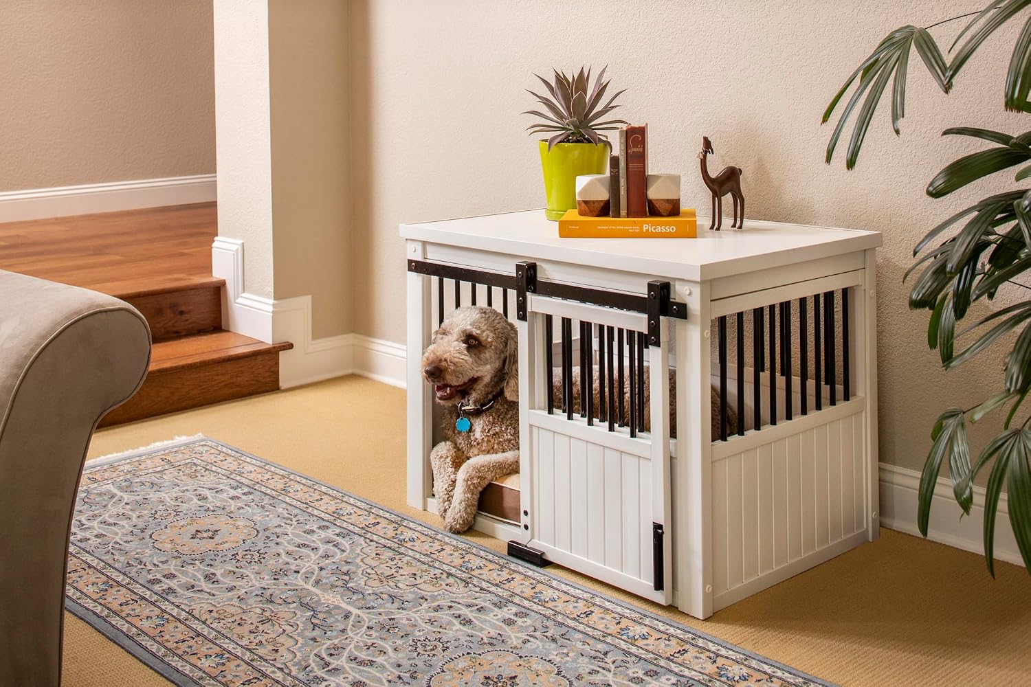 New Age Pet® ECOFLEX® Homestead Sliding Barn Door Furniture Style Dog Crate - Antique White, Large (EHDBC15-04L) - Stylish, Durable, Removable Cushions, Easy to Assemble.