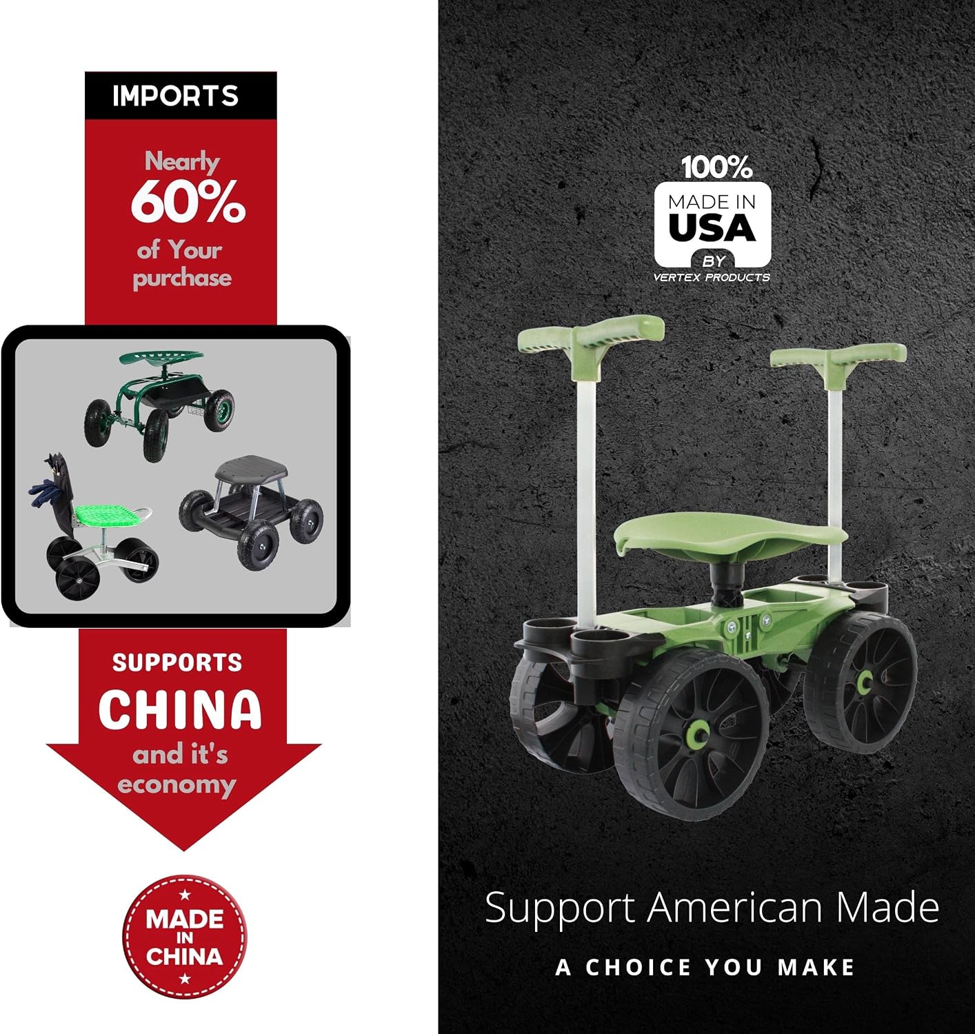TheXceptional Wheelie Easy-Up | Wheeled Garden Stool with Handles Relieve Pain Getting Up and Down | Gardening Work-Seat with Wheels for Elderly Seniors | Made in USA by Vertex | Model EX530