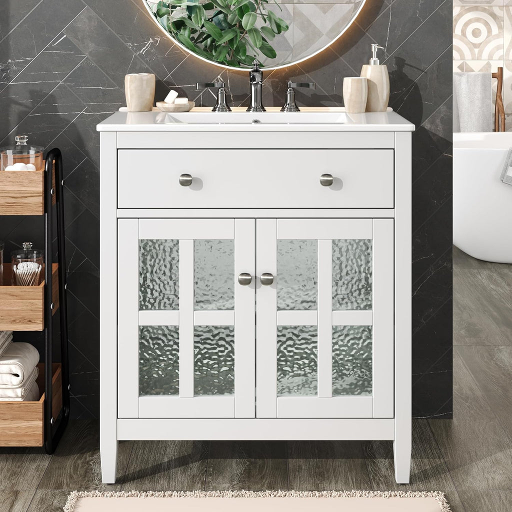 30' Bathroom Vanity with Sink, Bathroom Sink with Cabinet, Adjustable Interior Shelf, Convenient Tip-Out Tray, Silver Metal Knobs, A Modern and Practical Choice for Guest Suites