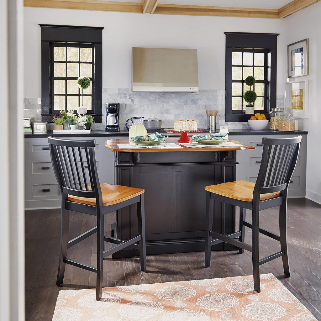 Home Styles Large Kitchen Island Set with Two Matching Stationary Slat back Stools with Antique Black finish and Distressed Oak Top, Extendable Breakfast Bar, Open Storage and Shelves and Drawers