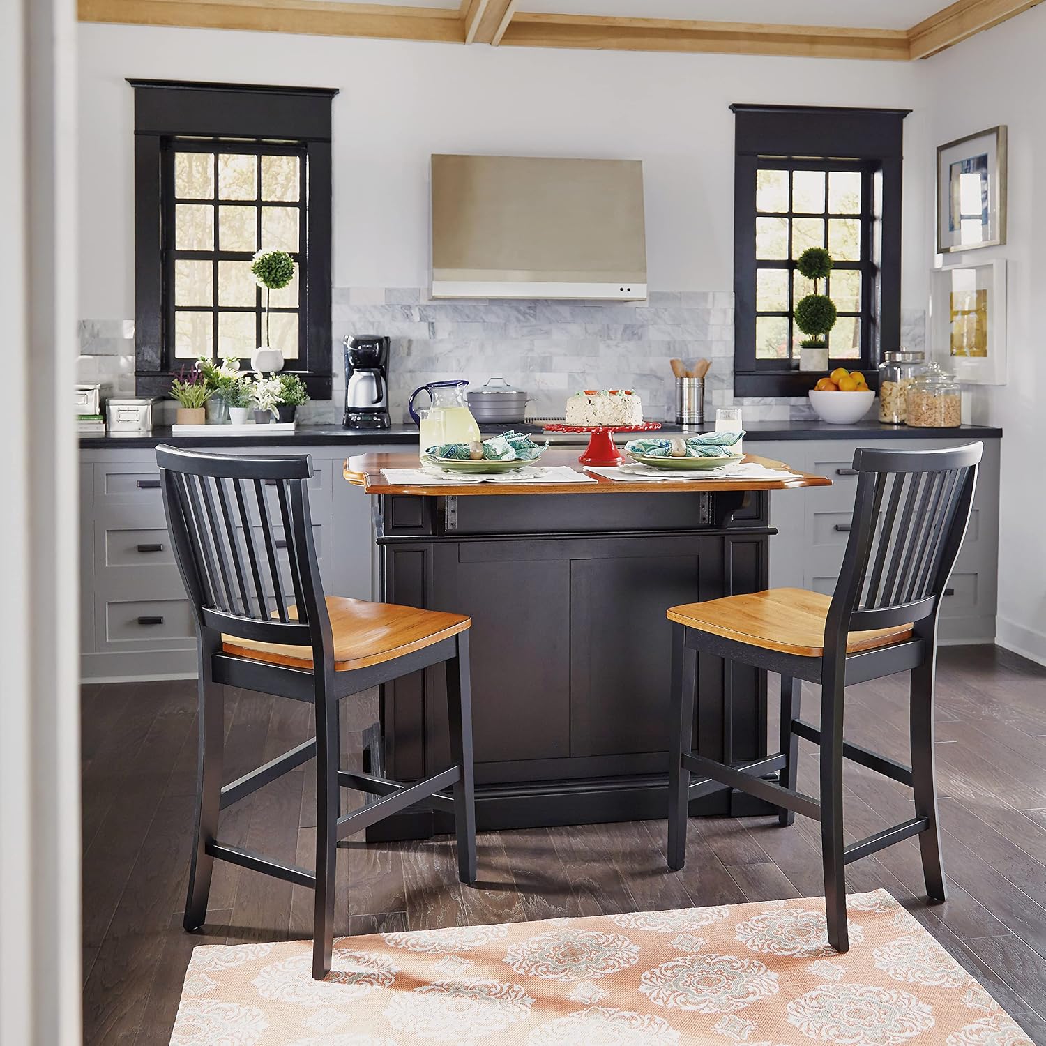 Home Styles Large Kitchen Island Set with Two Matching Stationary Slat back Stools with Antique Black finish and Distressed Oak Top, Extendable Breakfast Bar, Open Storage and Shelves and Drawers