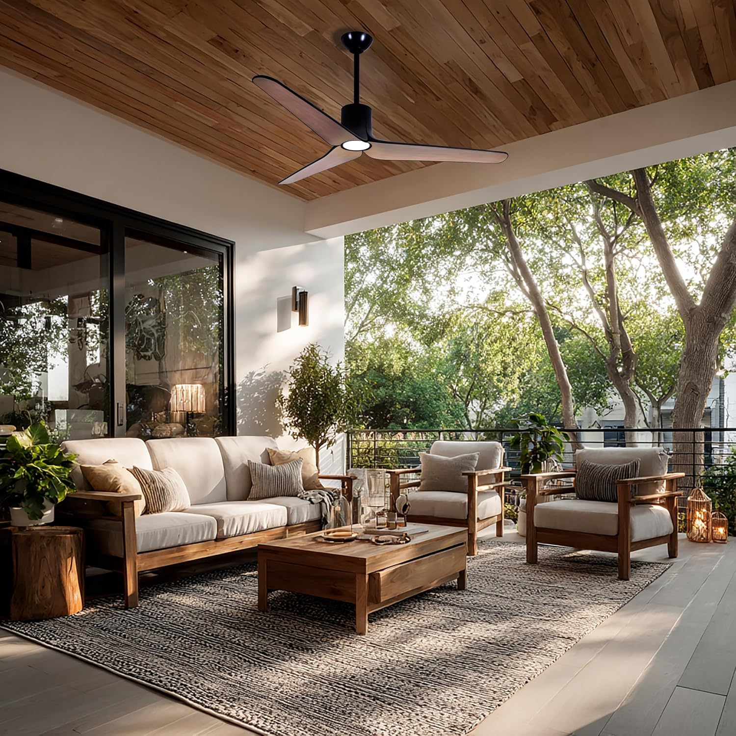 MINKA-AIRE F669L-CL/ASW Tempri 56' 3-Blade LED Indoor/Outdoor Ceiling Fan in Coal Black and Ashwood Finish Blades with Etched Lens