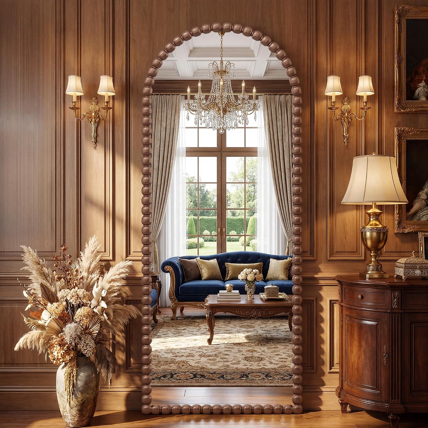 Antok 58' x 21' Arched Full Length Mirror, Antique Beaded Frame Floor Standing or Wall Mounted Mirror with Stand for Bedroom, Entryway, Brown, Luxury Style