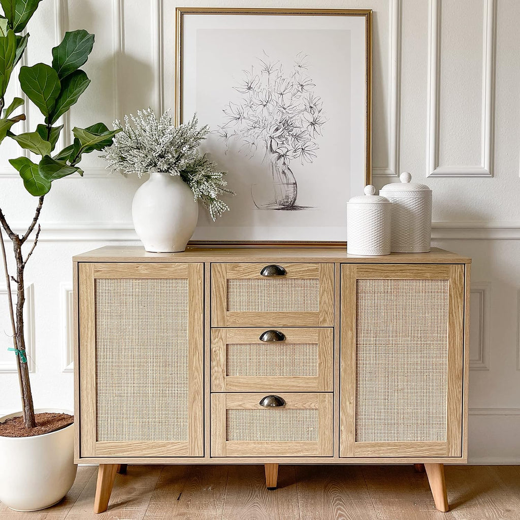 PHI VILLA Rattan Cabinet - Sideboard Buffet Accent Cabinet with Doors and Drawers, Rattan Console Table