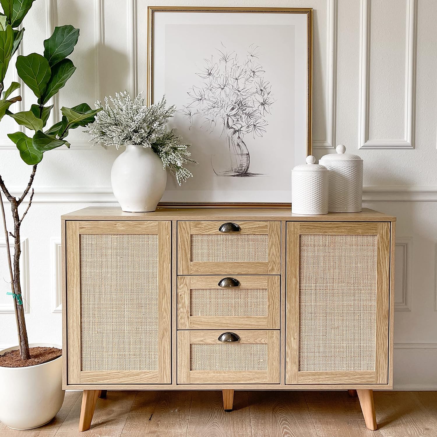 PHI VILLA Rattan Cabinet - Sideboard Buffet Accent Cabinet with Doors and Drawers, Rattan Console Table