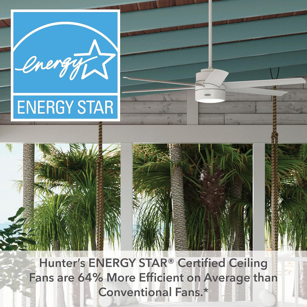 Hunter 72 inch Outdoor or Indoor Ceiling Fan with LED Light - White Ceiling Fan with Wall Control, For Patio, Garage, or Porch, Quiet, Standard Mount, 6 Blades - Solaria 51477, Fresh White