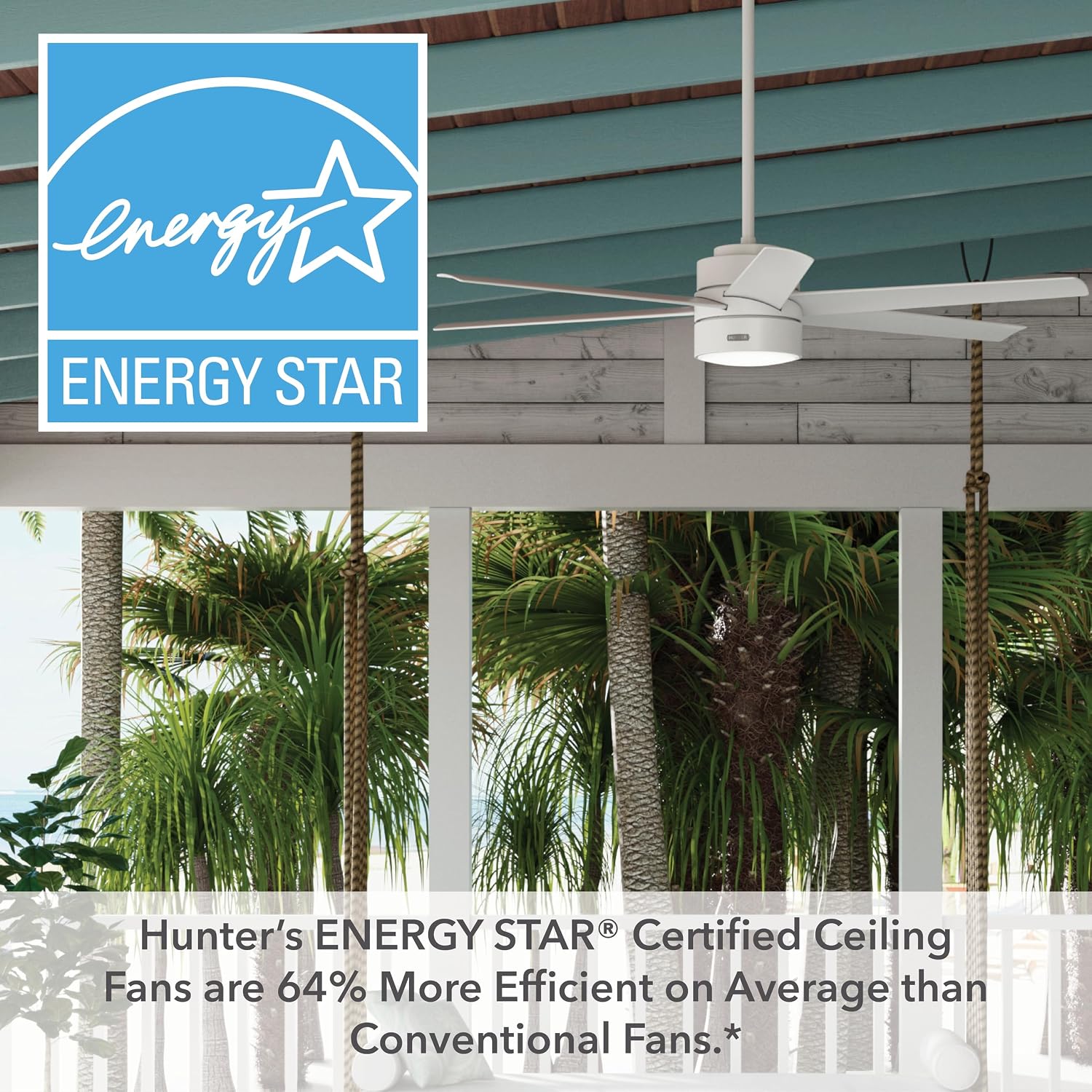 Hunter 72 inch Outdoor or Indoor Ceiling Fan with LED Light - White Ceiling Fan with Wall Control, For Patio, Garage, or Porch, Quiet, Standard Mount, 6 Blades - Solaria 51477, Fresh White