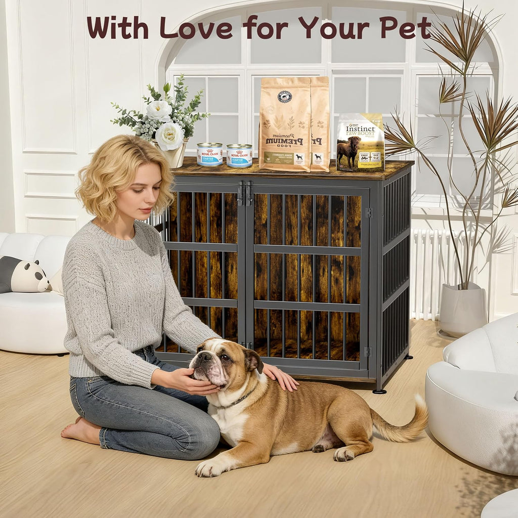 41'' Dog Crate Furniture Large Breed Dog Crate Dog Kennels for Inside Wooden Dog Crates End Table Heavy Duty Indoor Combination Cage for Medium to Large Dogs Walnut