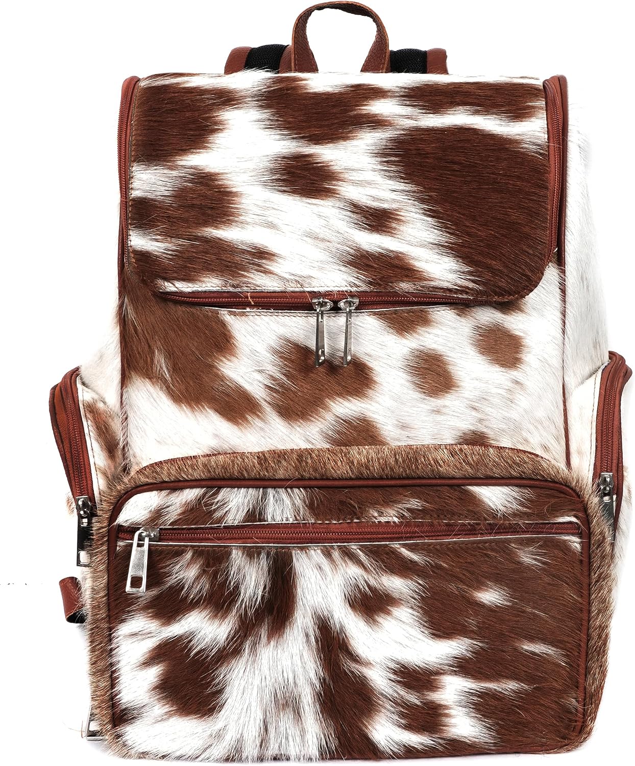 Leather Backpack For Adult Rucksack/Knapsack Bag Casual Brown & White Shoulder Cowhide Travel Diaper Bag