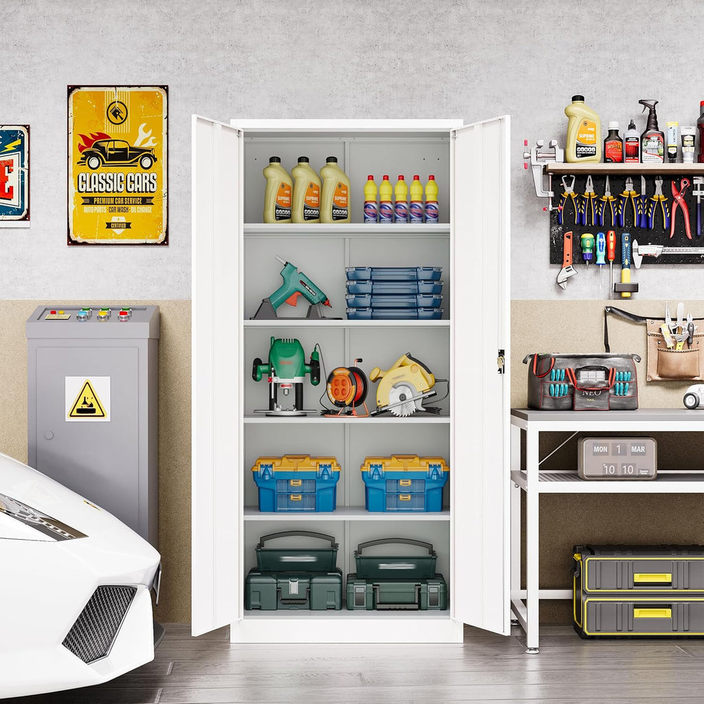 Metal Storage Cabinet with Lock,Lockable Garage Cabinet with 2 Doors and 5 Adjustable Shelves,Tall Steel Cabinets for Garage,Workshop,Gym,School