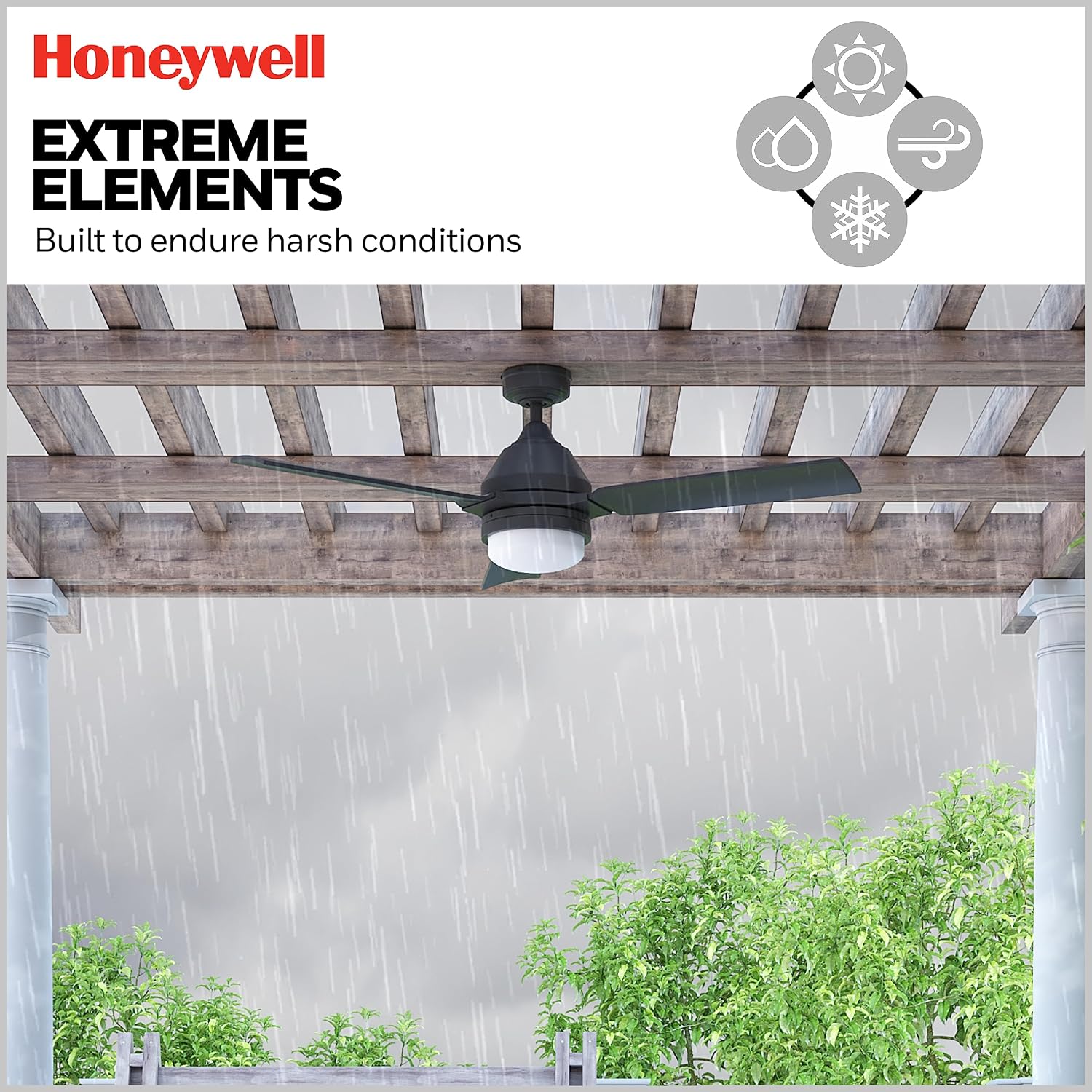 Honeywell Ceiling Fans Port Isle Modern 54 Inch Outdoor Ceiling Fan with Light, LED Fan with Remote Control, 3 Contemporary Matte Black Weather Resistant Blades, Black (51986-01)