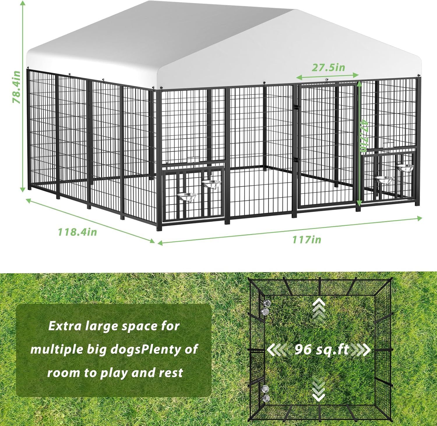 LOVMOR Outdoor Dog Kennel with Roof, Heavy Duty Steel Dog Run Enclosure for Large Dogs, Waterproof Canopy, Double Latch Door, Adjustable Feeding Bowls, Pet Pen for Yard and Patio, 10'L x 10'W x 6.5'H