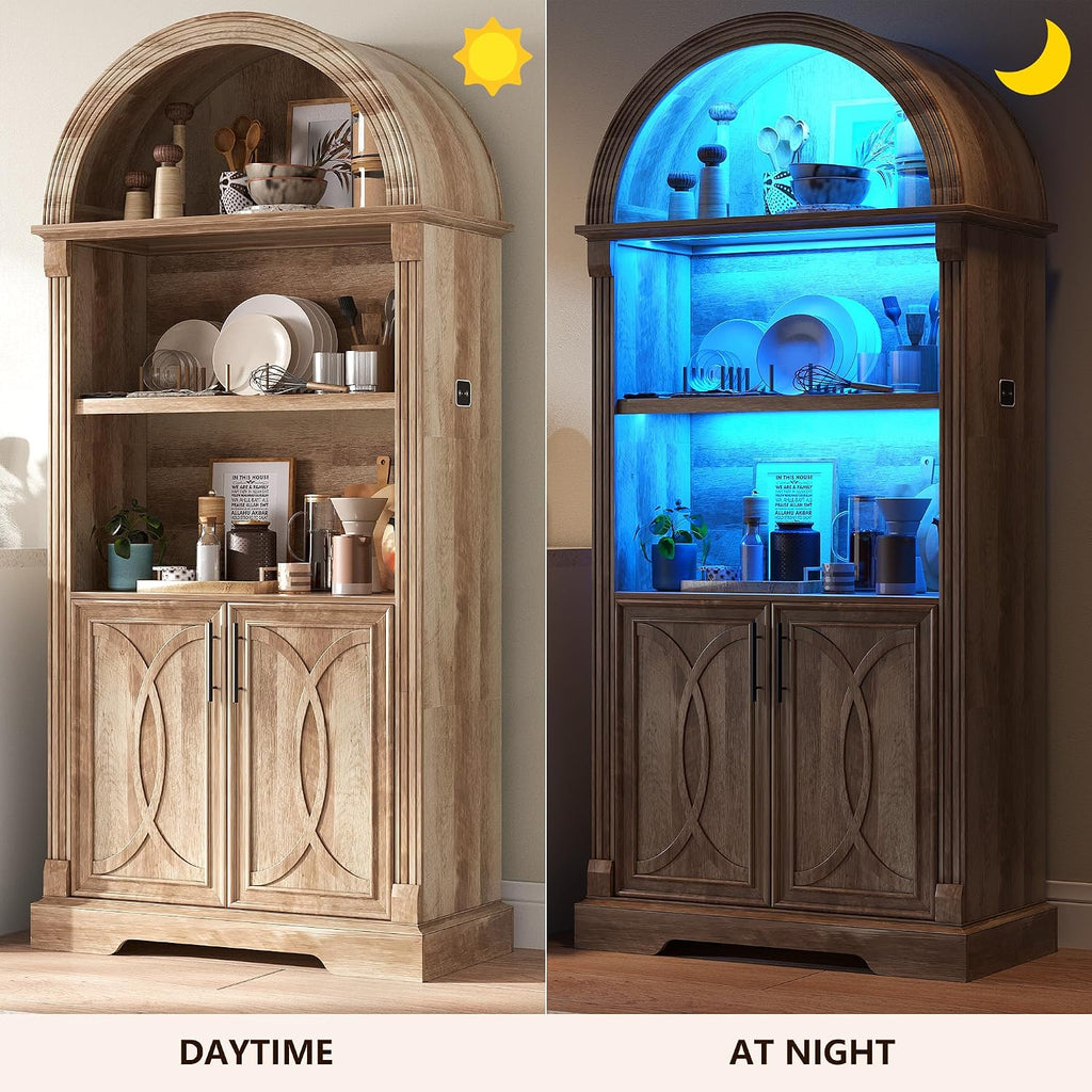 Vlsrka 71' Tall Arched Kitchen Pantry Cabinets, Wood Kitchen Storage Cabinets/Arched Bookshelf/Bookcase,China Cabinet with Open & Adjustable Shelves, Induction LED Light (Brown)