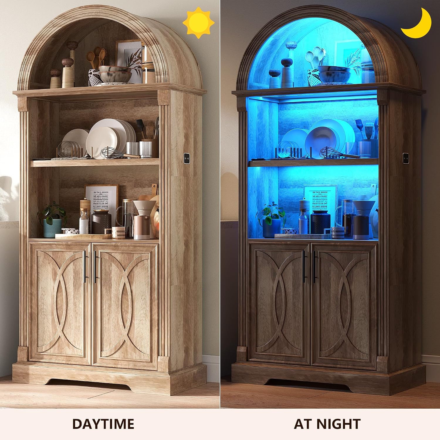 Vlsrka 71' Tall Arched Kitchen Pantry Cabinets, Wood Kitchen Storage Cabinets/Arched Bookshelf/Bookcase,China Cabinet with Open & Adjustable Shelves, Induction LED Light (Brown)
