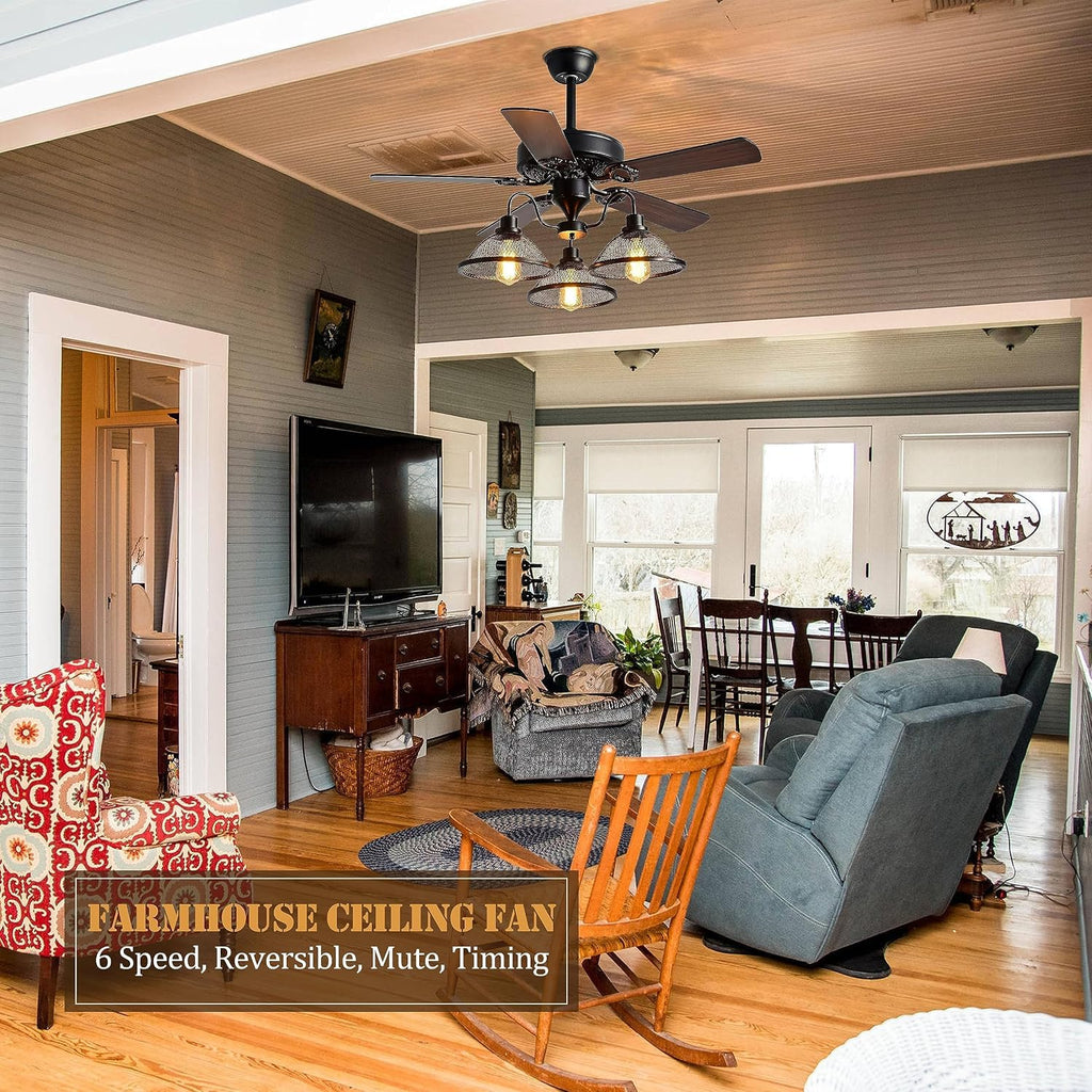 Bagood Farmhouse Ceiling Fan with Light 52 Inch Ceiling Fan with Light Rustic Ceiling Fan with 5 Reversible Wood Blades Vintage Ceiling Fan with Lights and Remote for Bedroom Living Room Dining Room