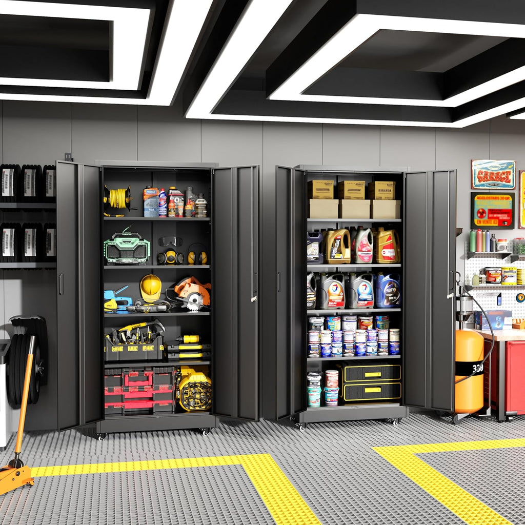 Greenvelly Metal Garage Storage Cabinet with 4 Swivel Wheels, 73' Black Storage Cabinet on Wheels, Rolling Tool Cabinet with Locking Doors and Shelves for Garage, Basement, Home, Warehouse