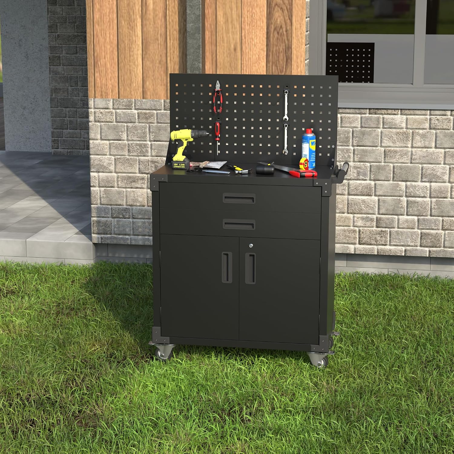 Tool Cart with Wheels and 2 Drawers, Metal Garage Storage Cabinet with Lockable Doors, Pegboard and 4 Hooks for Garage, Workshop, Tool Chest, Heavy Duty Work Bench, Black, Assembly Required