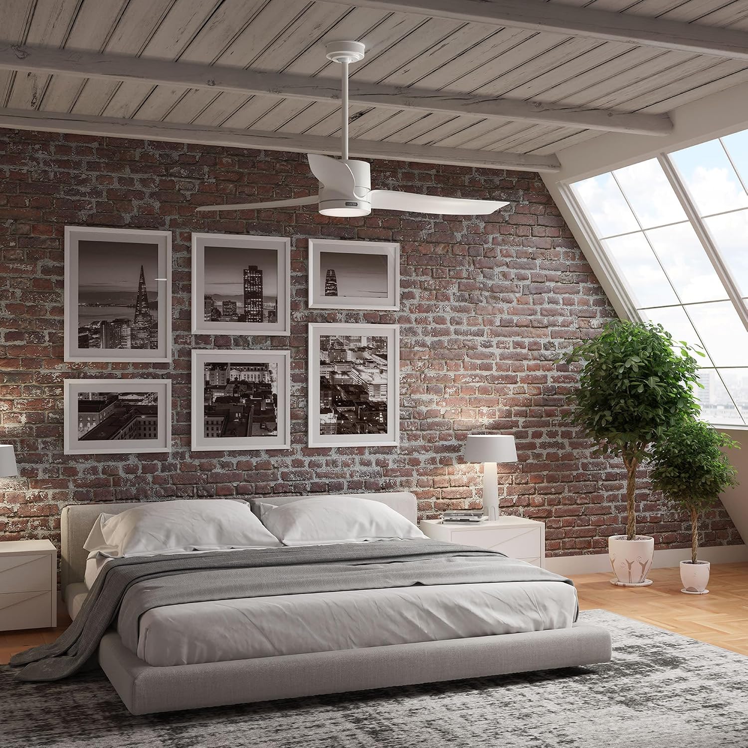 Hunter 60' Bolsa Indoor Ceiling Fan with LED Light, Remote, Fresh White | SureSpeed high velocity airflow, 6-speed DC motor, and 3' downrod support large rooms, bedrooms, offices, or great rooms.