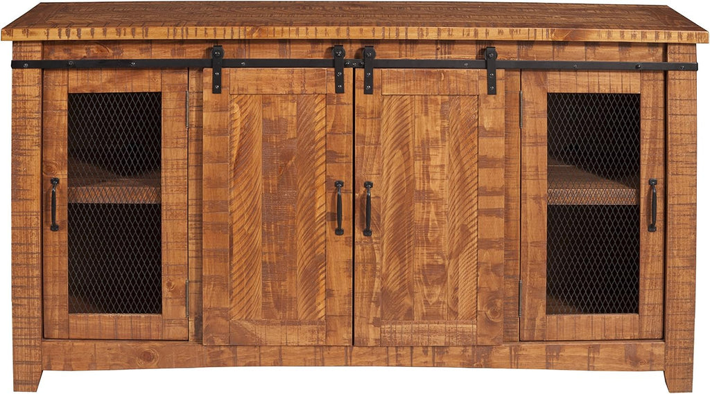 Martin Svensson Home 65' Solid Pine Wood Entertainment Center with Storage. Rustic TV Stand for TVs up to 70.' Sliding Doors, Adjustable Shelves & Cable Management – Honey Tobacco Finish