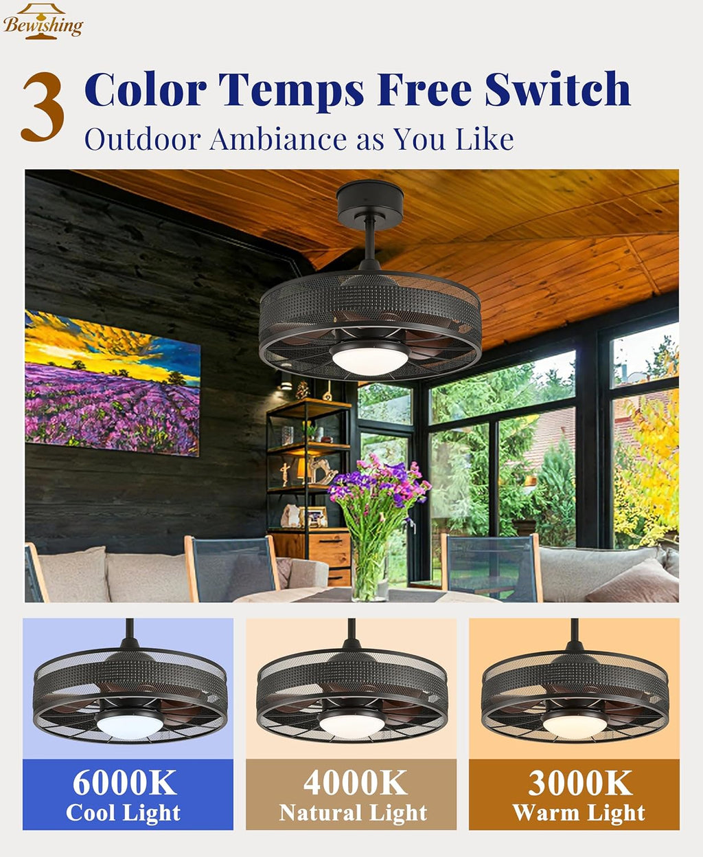 20' Outdoor Indoor Ceiling Fan with Light, IP44 Waterproof Fandelier, RGB & 3 CCT, Smart APP Remote, 6-Speed DC Motor, Cage Design for Gazebo Patio Bedroom, Black