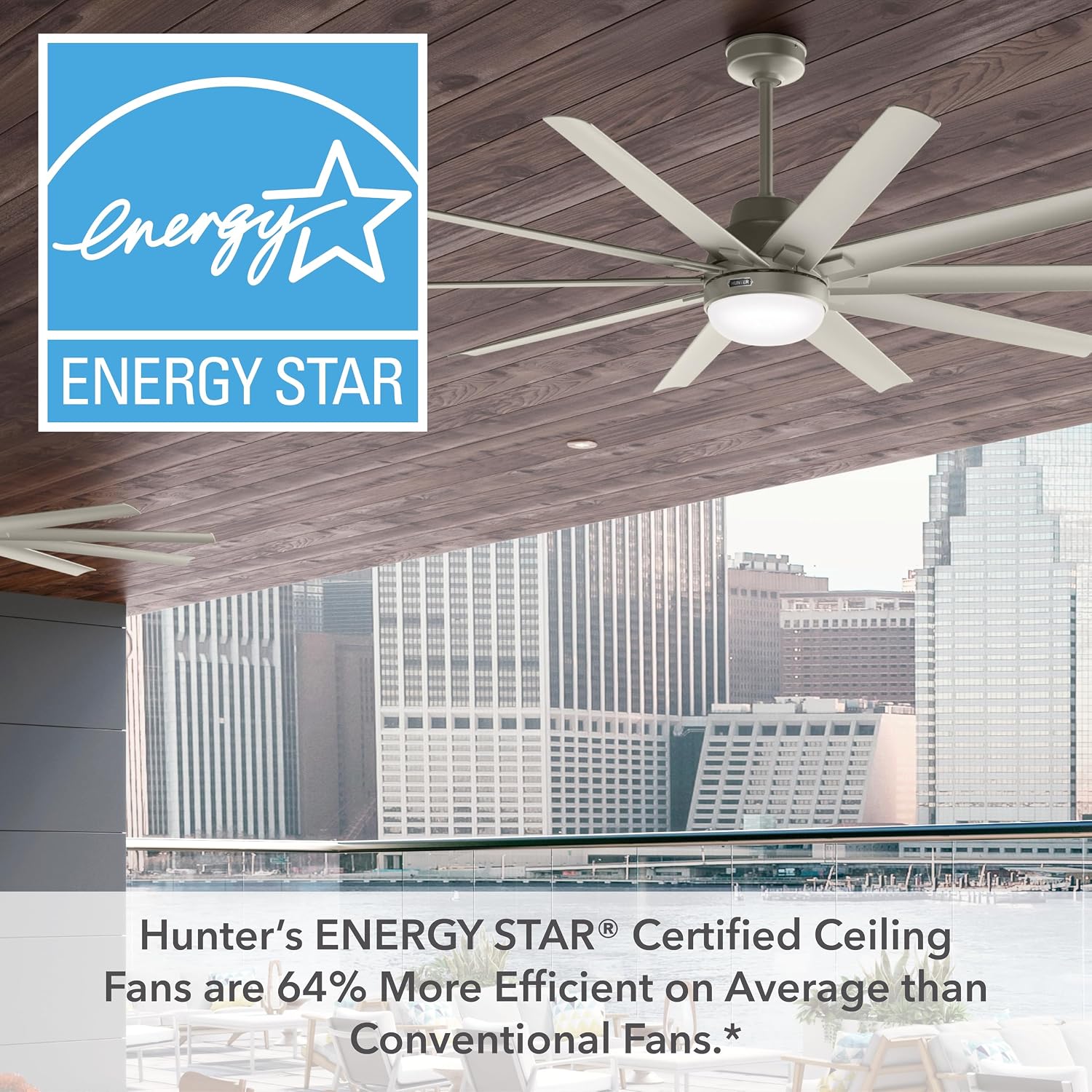 Hunter 72 inch Outdoor or Indoor Ceiling Fan with LED Light - Ceiling Fan with Wall Control, For Patio, Garage, or Porch, Quiet, Standard Mount, 10 Blades - Overton 50718, Matte Nickel