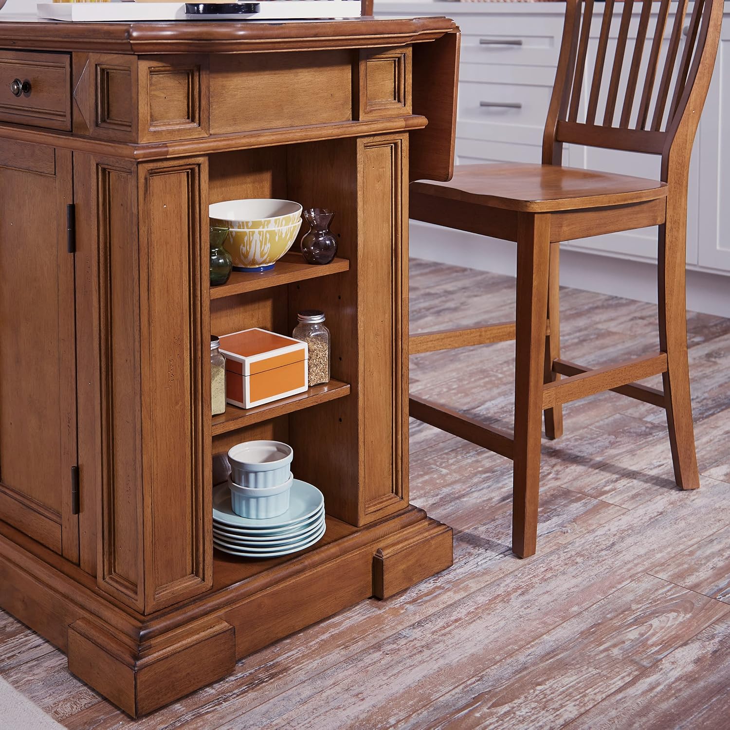 Homestyles Americana Cottage Oak 3-Piece Kitchen Island Set with Hardwood Drop Leaf Top and Two Counter Stools