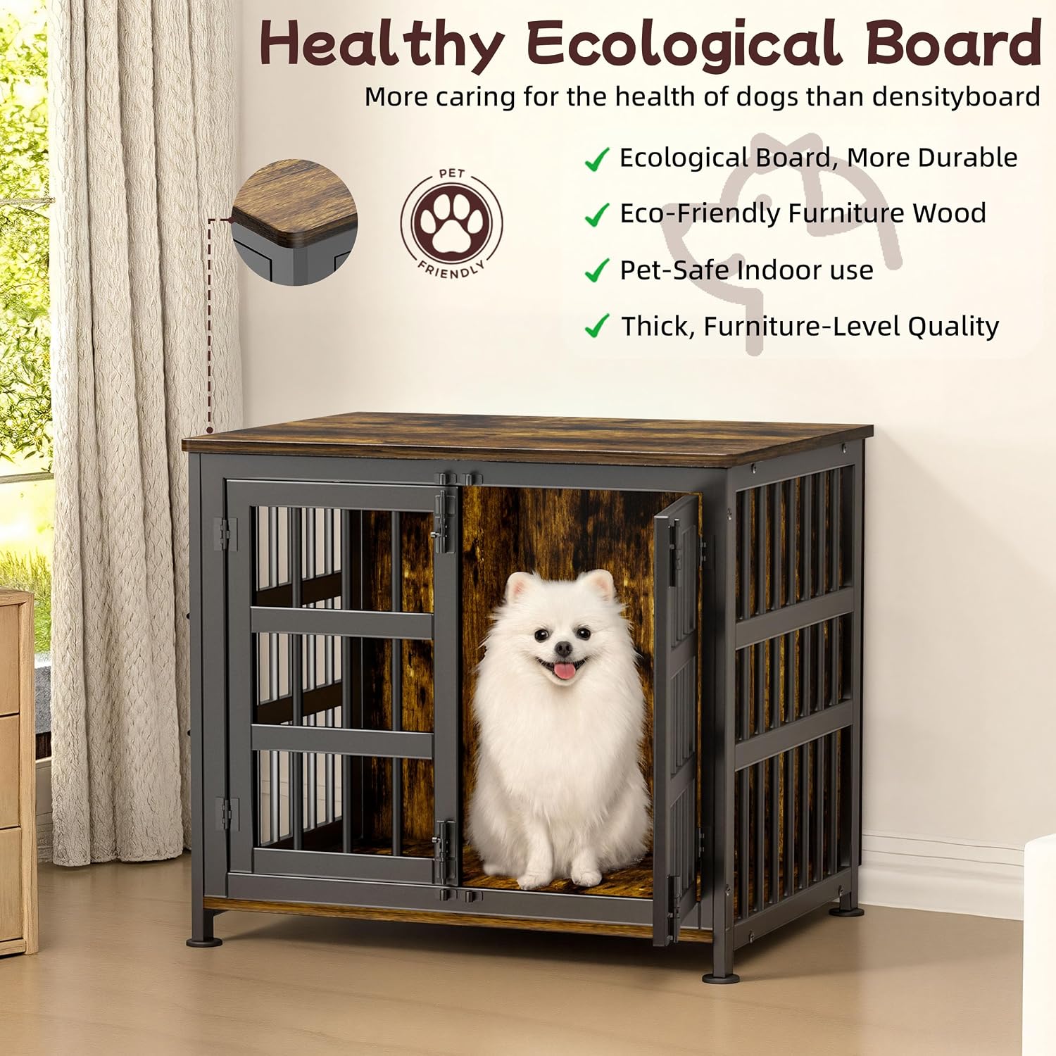 26'' Dog Crate Furniture Large Breed Dog Crate Dog Kennels for Inside Wooden Dog Crates End Table Heavy Duty Indoor Combination Cage for Medium to Large Dogs Walnut