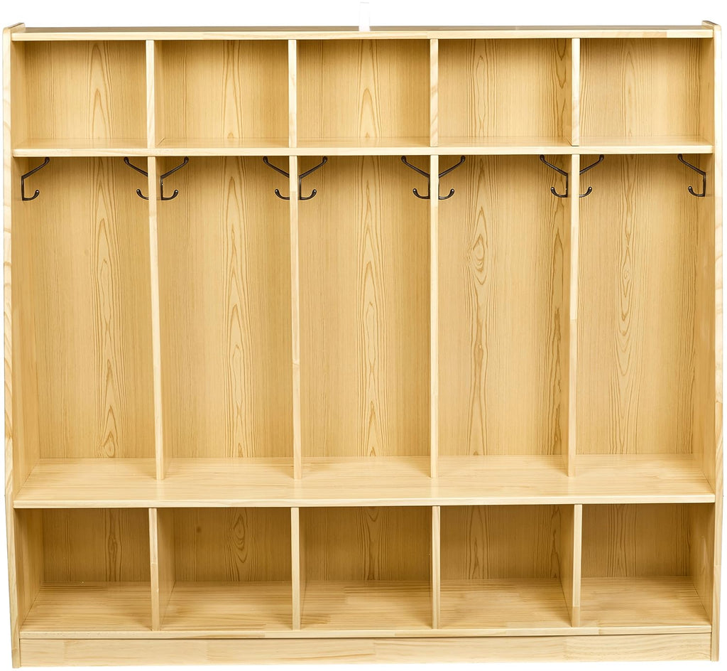 Amazon Basics Coat Locker, 5-Section with Bench, Daycare Classroom Furniture, Backpack Storage, 13'D x 54'W x 48'H, Natural Finish, Solid Pine Wood, Mudroom Furniture with Hooks for Home