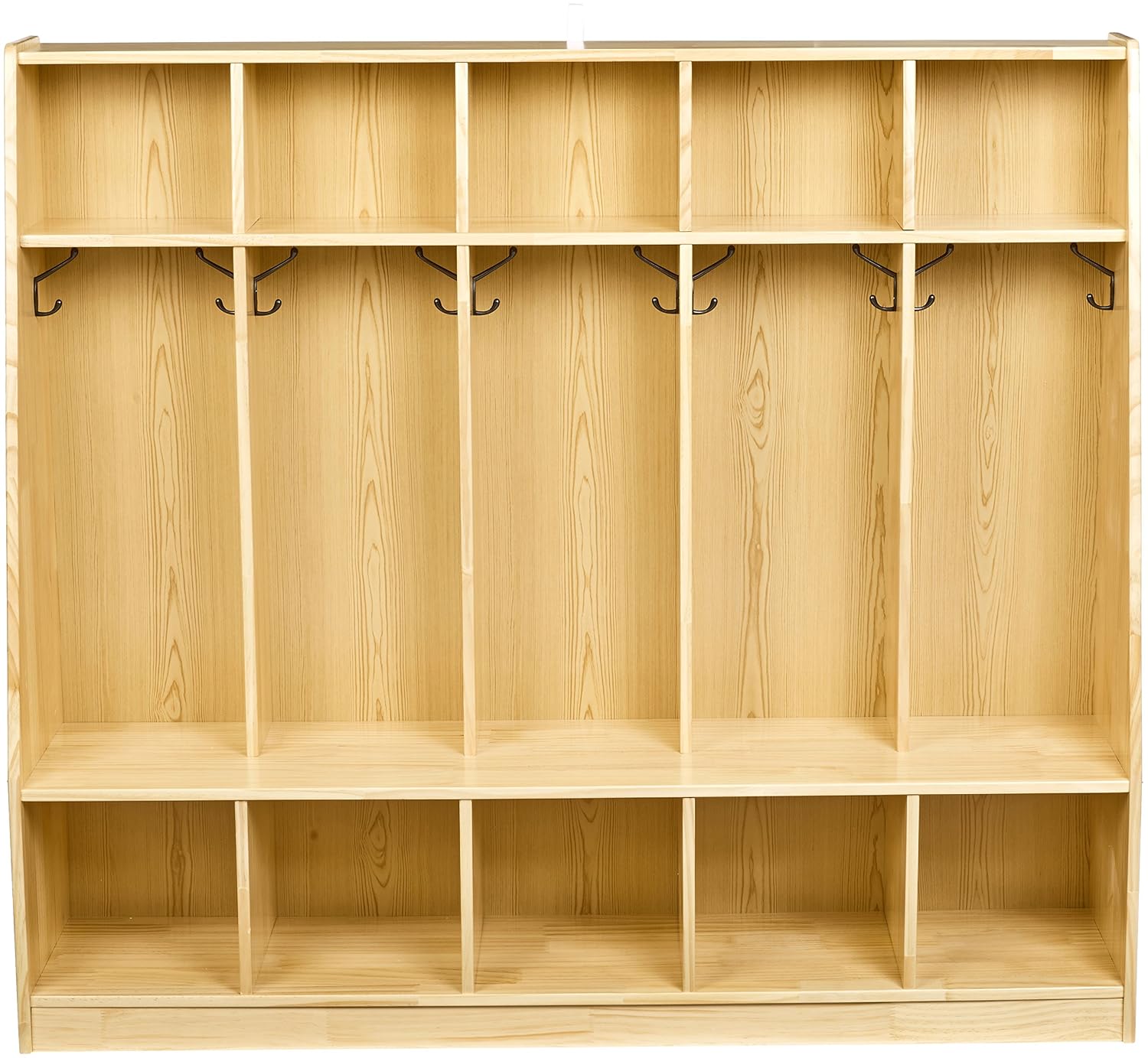 Amazon Basics Coat Locker, 5-Section with Bench, Daycare Classroom Furniture, Backpack Storage, 13'D x 54'W x 48'H, Natural Finish, Solid Pine Wood, Mudroom Furniture with Hooks for Home