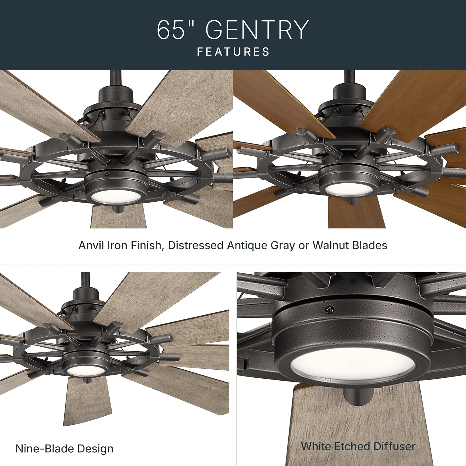 Kichler Gentry XL 65' Ceiling Fan with Lights, 1-Light LED, 3000K, 9-Blade Modern Industrial Fan for Bedroom in Anvil Iron, (65' W x 16.5' H), 300265AVI