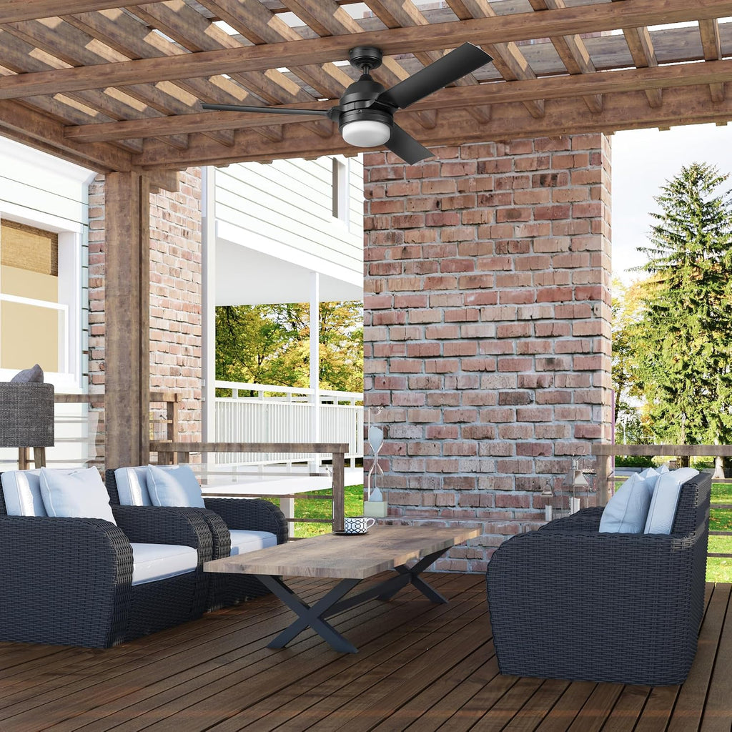 Honeywell Ceiling Fans Port Isle Modern 54 Inch Outdoor Ceiling Fan with Light, LED Fan with Remote Control, 3 Contemporary Matte Black Weather Resistant Blades, Black (51986-01)
