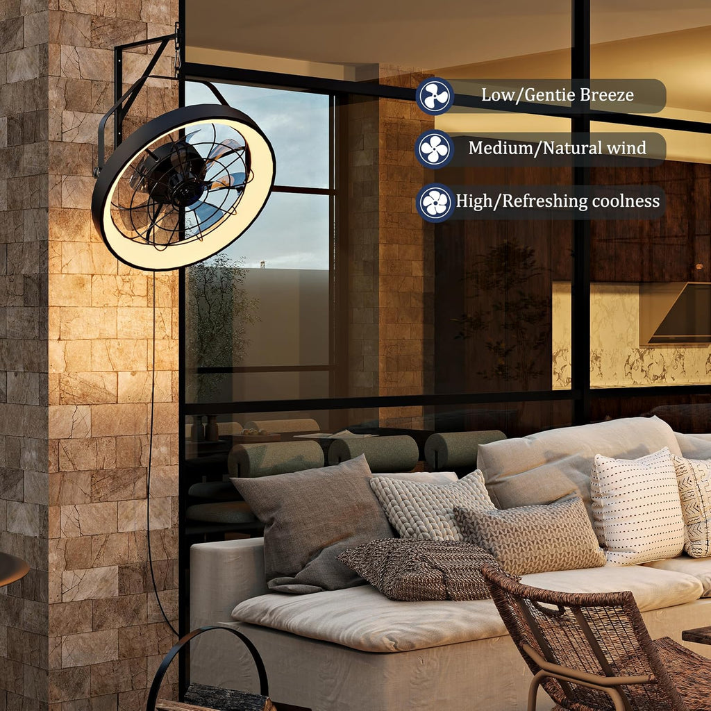 20' Wall Mount Fan with Light | Plug in - 3CCT Dimmable LED, 6-Speed, Smart Remote & APP Control, Ceiling & Wall Mount，Indoor & Outdoor for Patio, Garage, Living Room, Workshop（Metal Frame）
