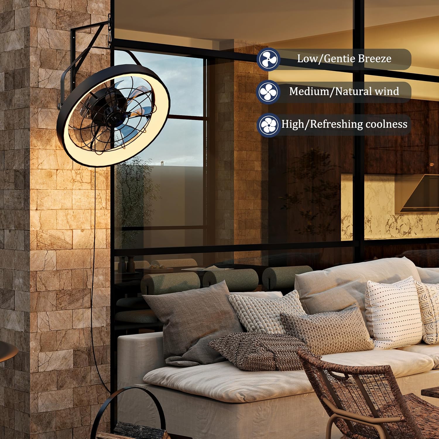 20' Wall Mount Fan with Light | Plug in - 3CCT Dimmable LED, 6-Speed, Smart Remote & APP Control, Ceiling & Wall Mount，Indoor & Outdoor for Patio, Garage, Living Room, Workshop（Metal Frame）