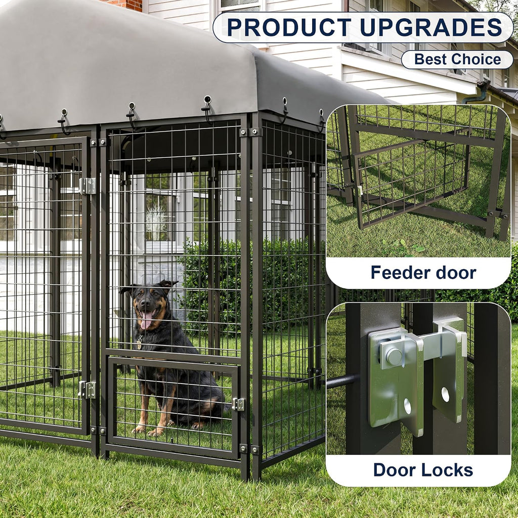 10X10FT Large Dog Kennel Outdoor Dog Enclosure Outside, Double Door Heavy Duty Galvanized Steel Dog Crate Durable Dog Cage with Roof & Double Lock