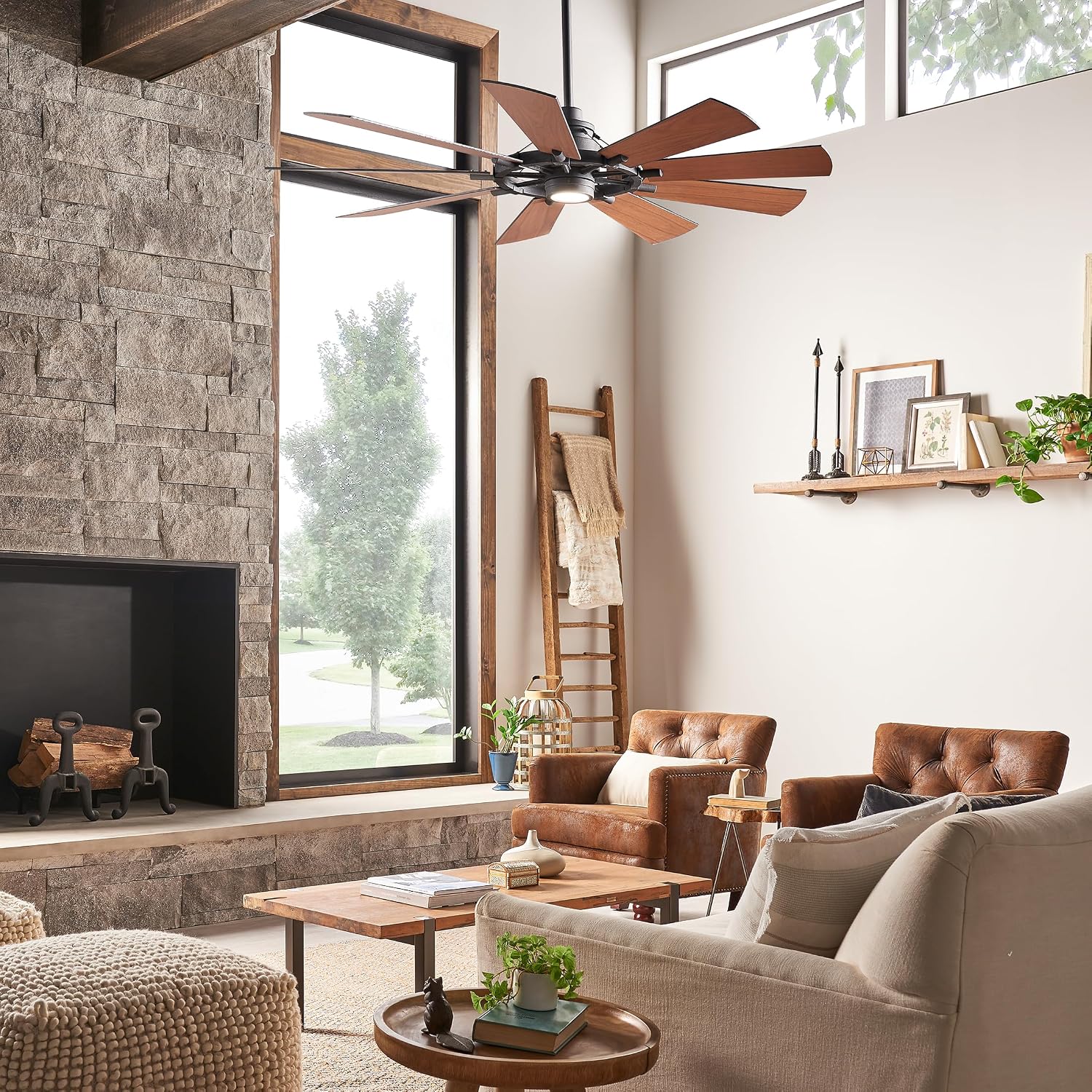 Kichler Gentry XL 65' Ceiling Fan with Lights, 1-Light LED, 3000K, 9-Blade Modern Rustic Fan for Bedroom in Distressed Black, (65' W x 16.5' H), 300265DBK