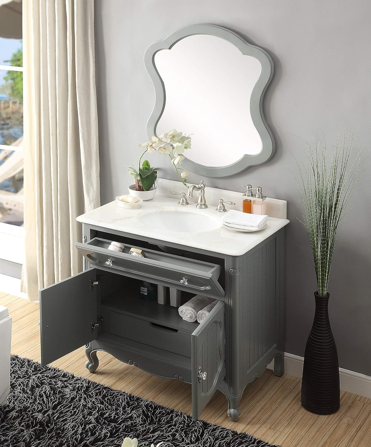 34' Knoxville Victorian Shabby Chic Gray Bathroom Vanity & Mirror GD-1533CK-MIR