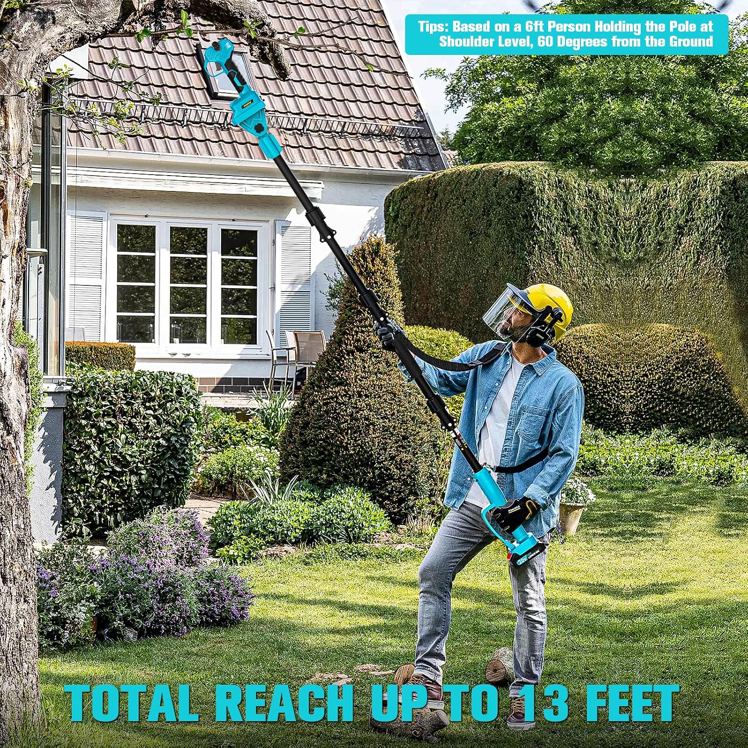 MtiolHig 2 in 1 Brushless Pole Electric Pruning Shears with 2 x Rechargeable Batteries, 13 Ft Total Reach Electric Cordless Pole Pruner, 0.8-2 Inch Pole Scissors for Garden Tools