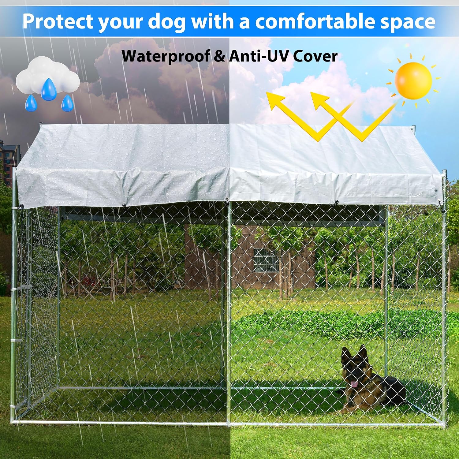10x6x7.7ft Large Dog Kennel Outdoor, Heavy-Duty Outside Dog Kennel with Roof, Security Latch-Lock Door, Chain-Link Dog Enclosure Dog Run for Yard with Cover