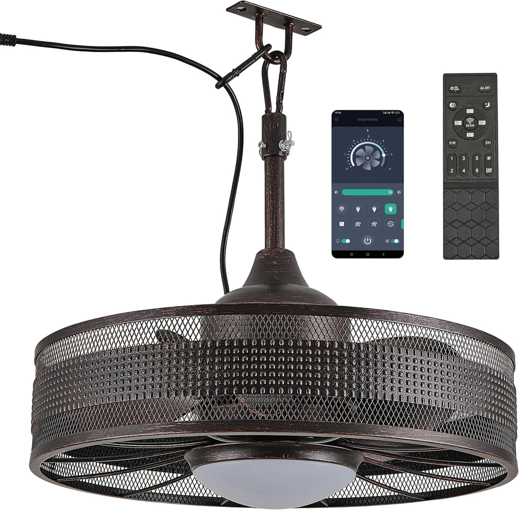 20' Plug-in Outdoor Ceiling Fan with Light, No Hardwiring Required, IP44 Waterproof, 3 CCT, APP & Remote Control, 6-Speed DC Motor, Cage Fandelier for Gazebo Patio, Black Gold