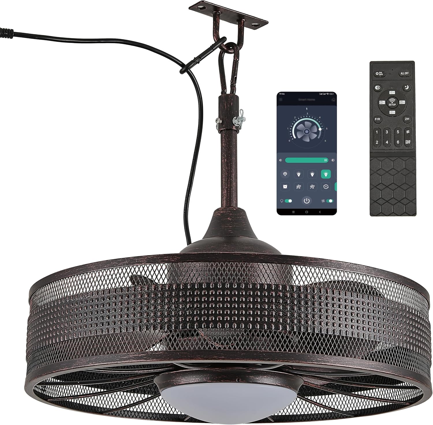 20' Plug-in Outdoor Ceiling Fan with Light, No Hardwiring Required, IP44 Waterproof, 3 CCT, APP & Remote Control, 6-Speed DC Motor, Cage Fandelier for Gazebo Patio, Black Gold