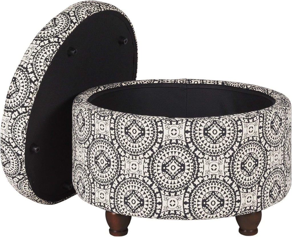 Homepop Home Decor | Upholstered Round Storage Ottoman | Ottoman with Storage for Living Room & Bedroom, Black and White Medallion Large