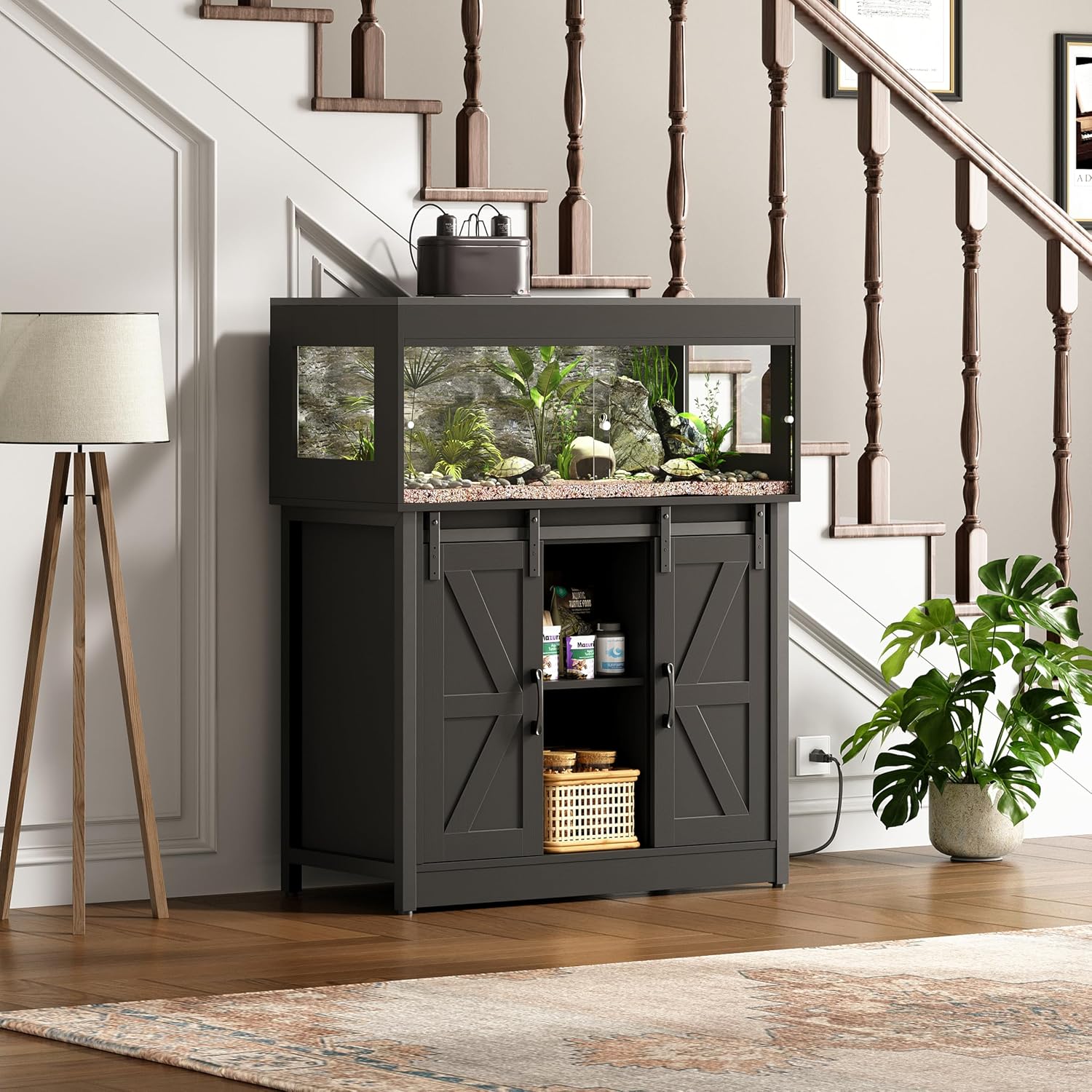 Herture 40 Gallon Reptile Terrarium with Stand, Reptile Tank with Barn Door and Storage, Vivarium with Acrylic Doors, Ventilated Mesh Top & Power Outlet, for Geckos, Lizards, Snakes Black PX06RTB