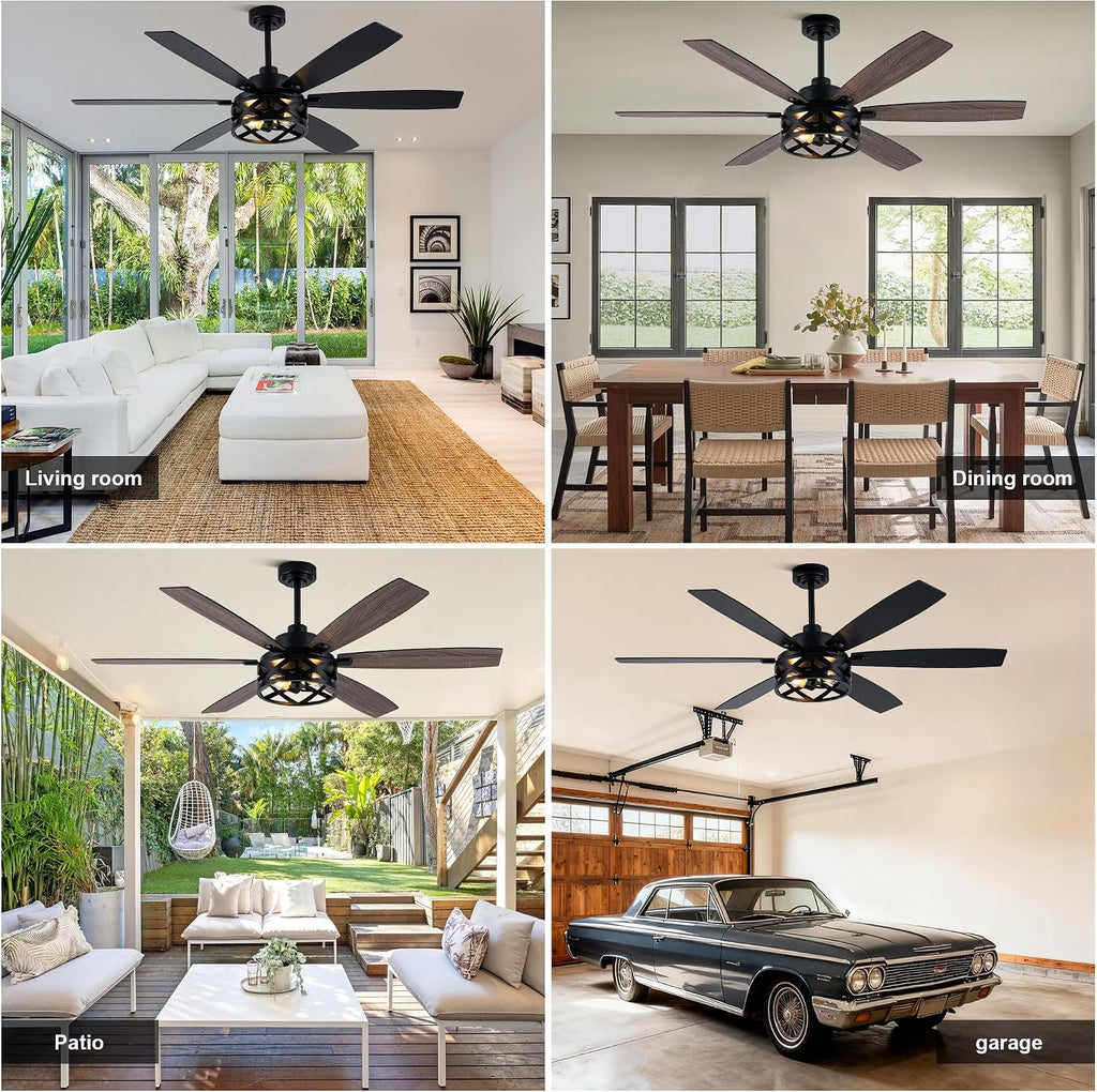 60' Farmhouse Ceiling Fan with Lights and Remote, Large Rustic Ceiling Fan Industrial Caged Fandelier Chandelier Light, Quiet DC Motor 6 Speed 6 Reversible Blades for Living Room Bedroom