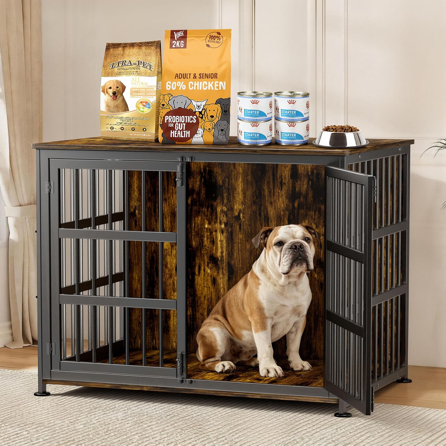 41'' Dog Crate Furniture Large Breed Dog Crate Dog Kennels for Inside Wooden Dog Crates End Table Heavy Duty Indoor Combination Cage for Medium to Large Dogs Walnut